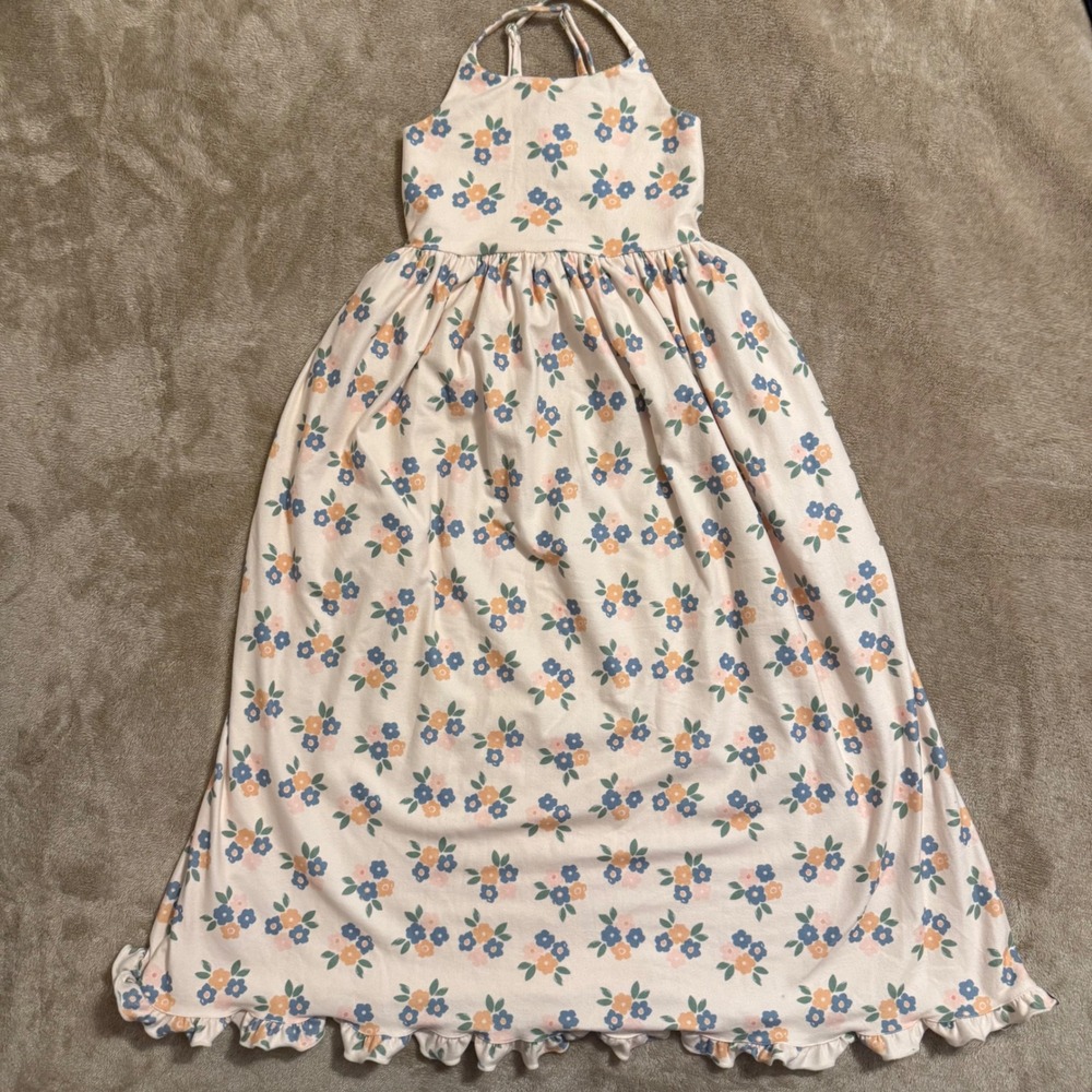 SweetHoney Girls Floral Maxi Dress Cream Blue Orange Halter Ruffle Hem Size 5Y